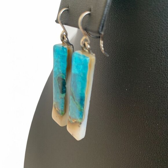 Handcrafted Phoenix Stone Rectangular Drop Earrings Blue Green Silver Hooks - Picture 4 of 14